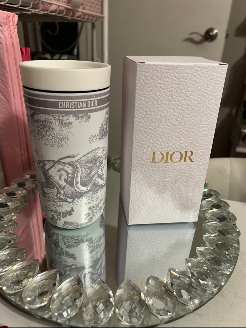 Dior White and Gray Toile TravelTumbler